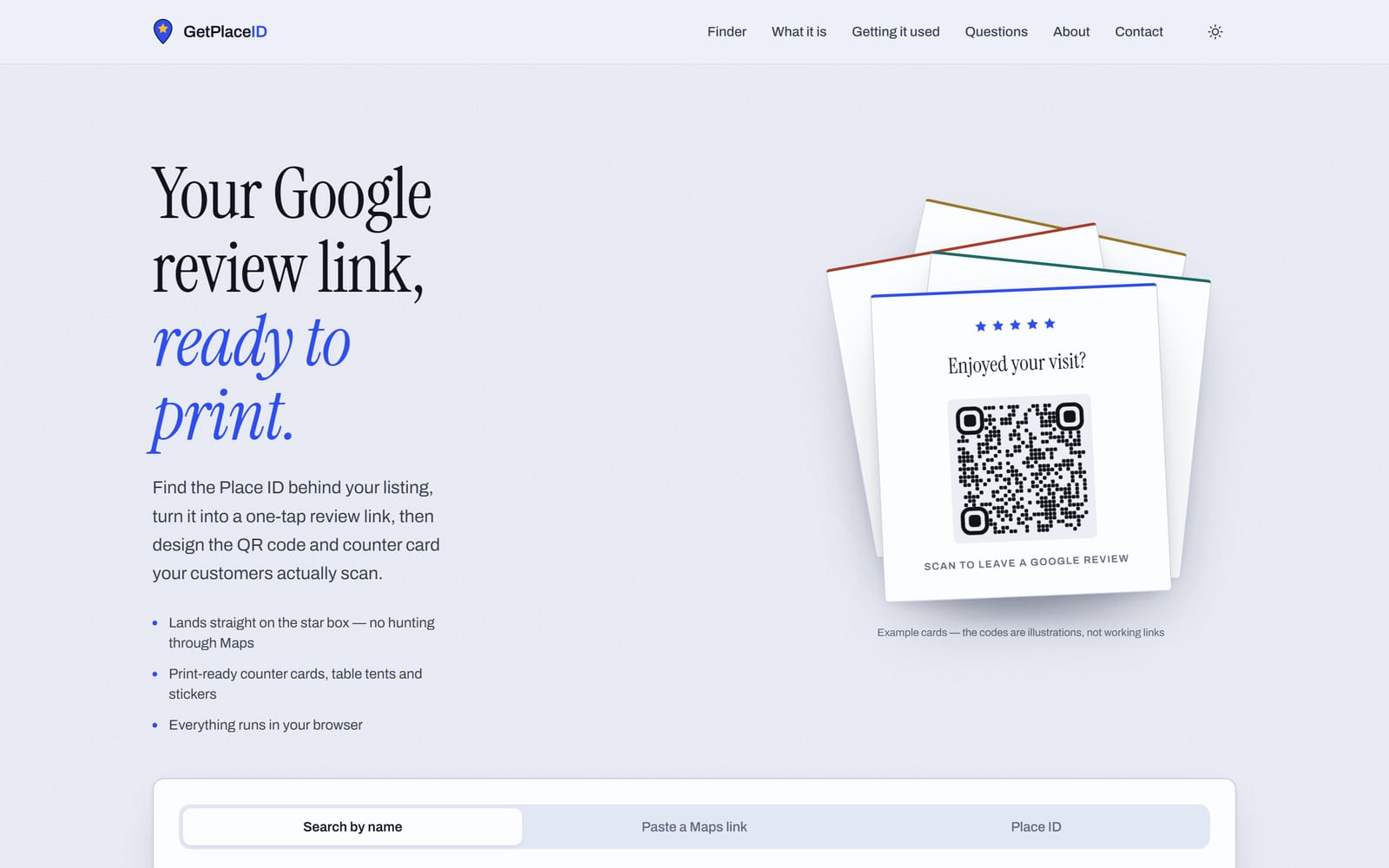 The GetPlaceID home page: the heading “Your Google review link, ready to print”, a row of example review cards with QR codes, and the finder’s three tabs — search by name, paste a Maps link, or enter a Place ID